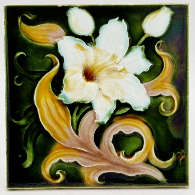 Art Nouveau Moulded Majolica Tile by Henry Richards C1908 AE5