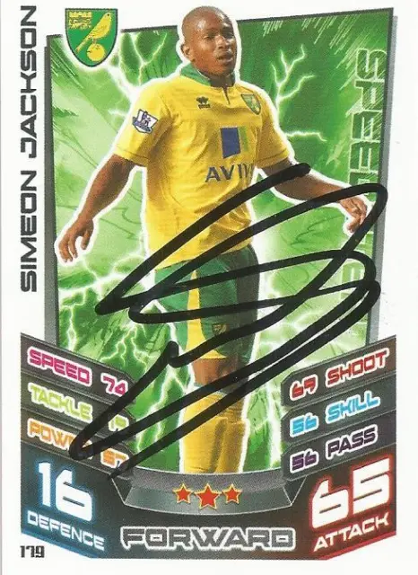 Simeon Jackson Signed Norwich 2012/2013 Match Attax Trading Card+Coa