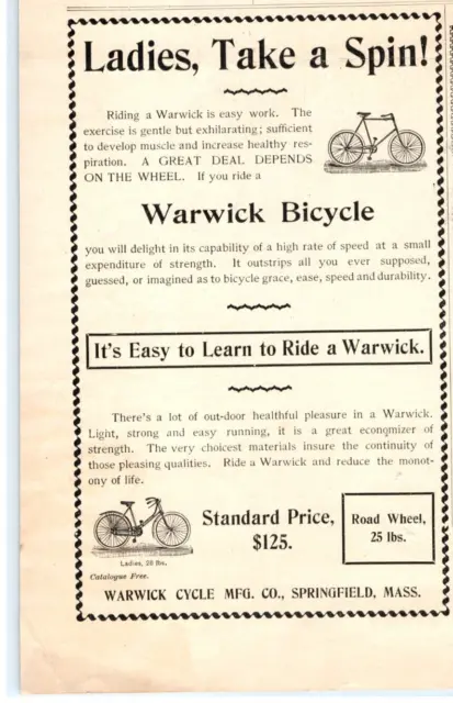 1894 Print Ad Warwick Bicycle Ladies, Take a Spin!  Easy To Learn To Ride!