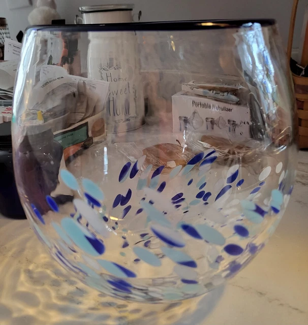Art Glass Vase Bowl Hand Blown Glass  Fish Bowl Beach Decor Cobalt Blue Dots