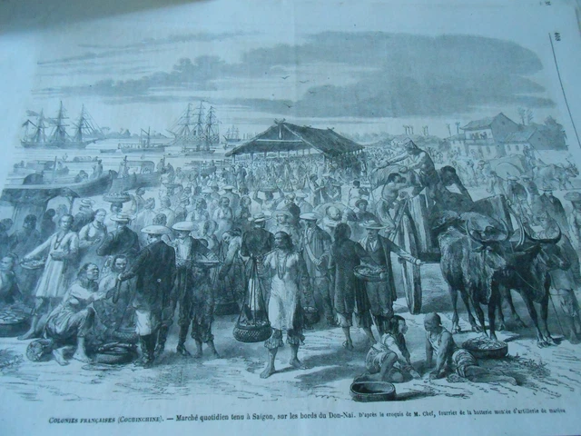 Gravure 1864 - Cochinchine Marché quatidien tenu à Saigon bords du Don Nai