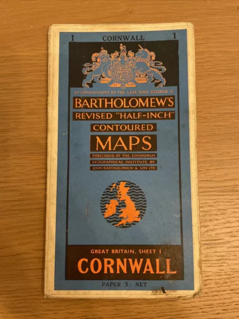 Bartholomew's Half Inch Contoured Map Sheet 1 Cornwall Mounted On Cloth 1952