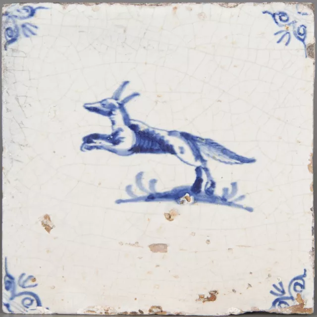 Nice Dutch Delft Blue tile, jumping fox, 17th. century.