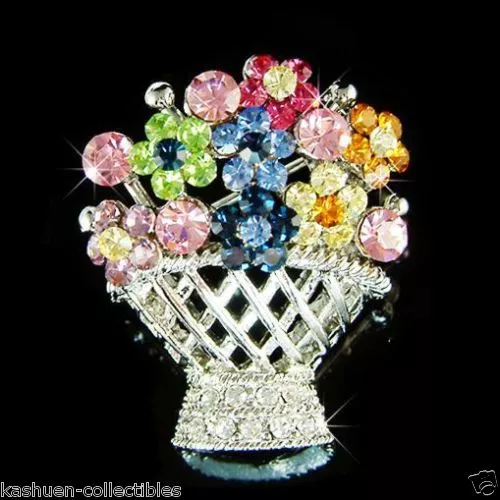 Rainbow FLOWER Floral BASKET made with Swarovski Crystal Pin BROOCH Xmas Jewelry