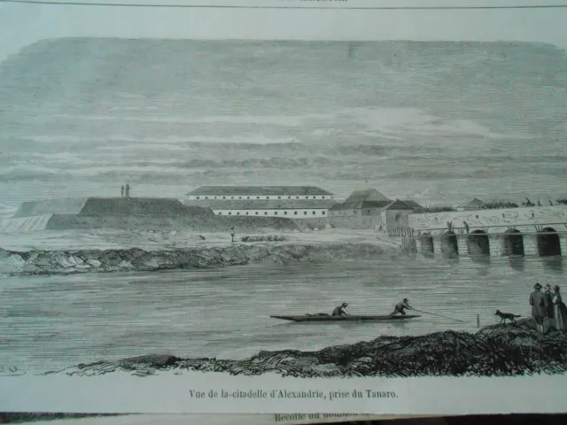 Gravure 1859 - Vue de la citadelle d'Alexandrie prise du Tanaro