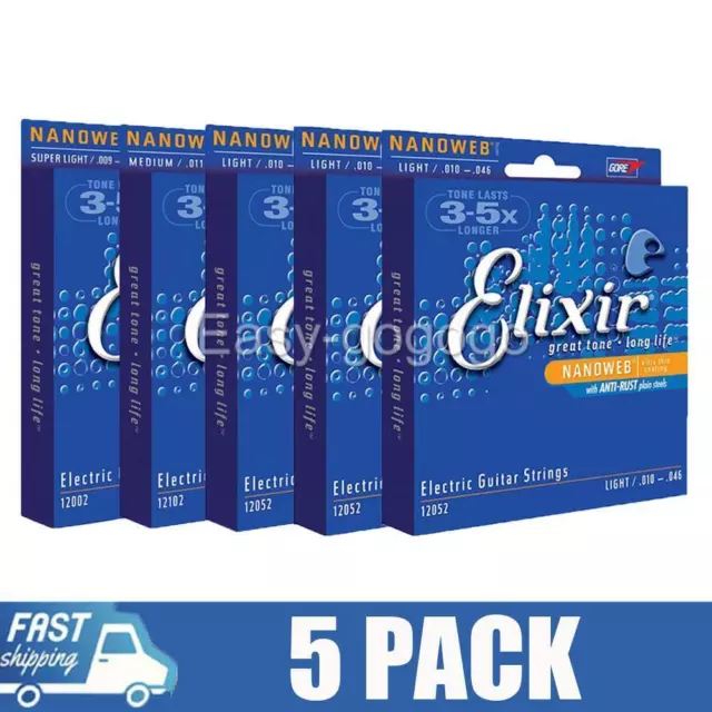 For Elixir 12052 010 Electric Guitar Strings Set Nanoweb Light 10-46 Steel NEW