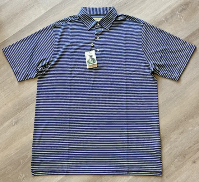 Donald Ross NWT Men's Medium Polo Shirt Navy Blue Chartreuse Stripe SS NWT $120