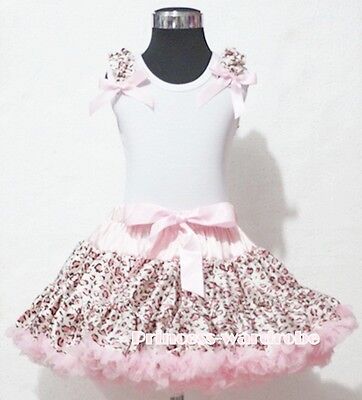Light Pink Leopard Pettiskirt with White Pettitop Top Ruffles Pink Bows Set 1-8Y