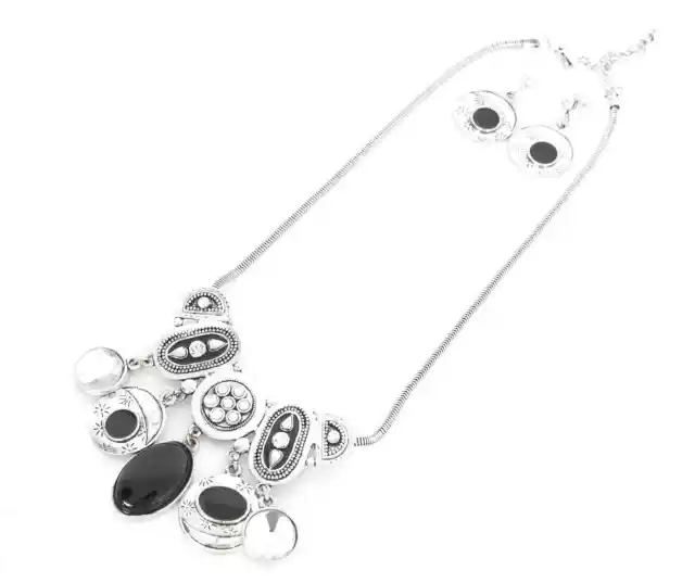 CC294 - Parure BO et Collier Multi-Pièces Métal Vieilli Argenté, Email Noir e...