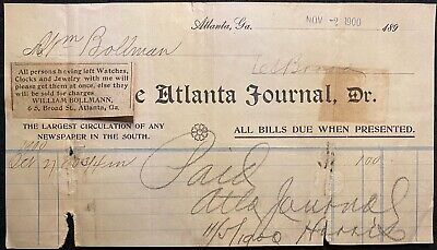 1900 ***The Atlanta Journal*** Ga. Paid Receipt+William Bollman (Jeweler)+"Ad"!
