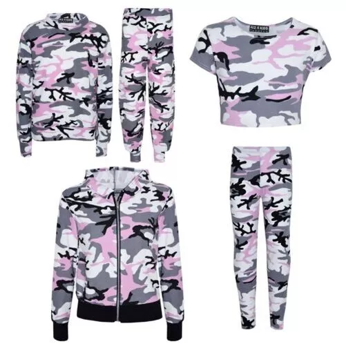 Bambini Ragazza Camouflage Top Corto Stampa Legging Giacca Tuta Età 7-13 Anni