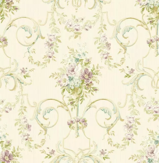 Wallpaper French Lavender Blue Green Tan Floral Arabesque Scroll,  56 Sq Ft Bolt