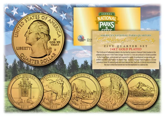 2010 America The Beautiful 24K GOLD PLATED Quarters Parks 5-Coin Set w/Capsules