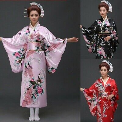 Women Floral Japanese Kimono Satin Robe Yukata Geisha Costume Show Cosplay