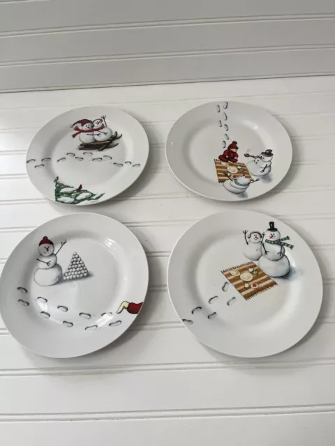 Holiday Magic Set Of 4 Snowman Salad / Desert Plates 8”