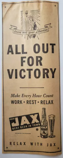 Jax Beer Dallas TX "All Out For Victory" WWII Original 1941 Ad ~4x10"