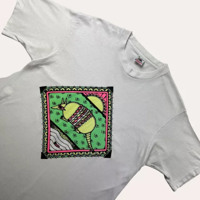 Vintage White Tshirt Mens Medium 90s Single Stitch Armadillo Cartoon Graphic USA