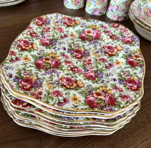 ROYAL WINTON 1995 Summertime Floral Chintz Square Salad Plates  8.25"