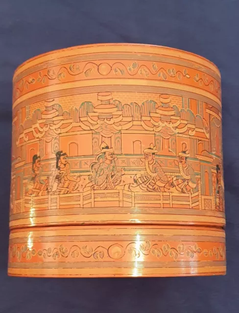 Burmese Asian Red Lacquer Hand Painted Betel Box RARE ANTIQUE 9 x 8 1/2 inches