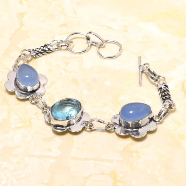 Swiss Blue Topaz, Chalcedony Gemstone Handmade Gift Jewelry Bracelet 7-8" P362
