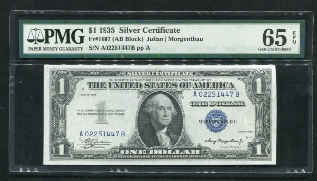 Fr 1607 1935 $1 Silver Certificate “A-B Experimental Block” Pmg Gem Unc-65Epq