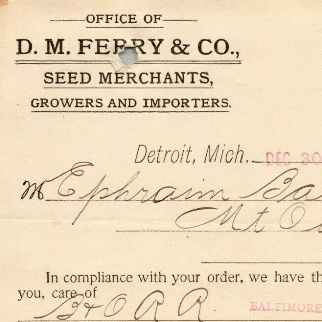 1895 Letterhead Billhead D.M. Ferry Seed Merchants Detroit - Ephraim Baker*