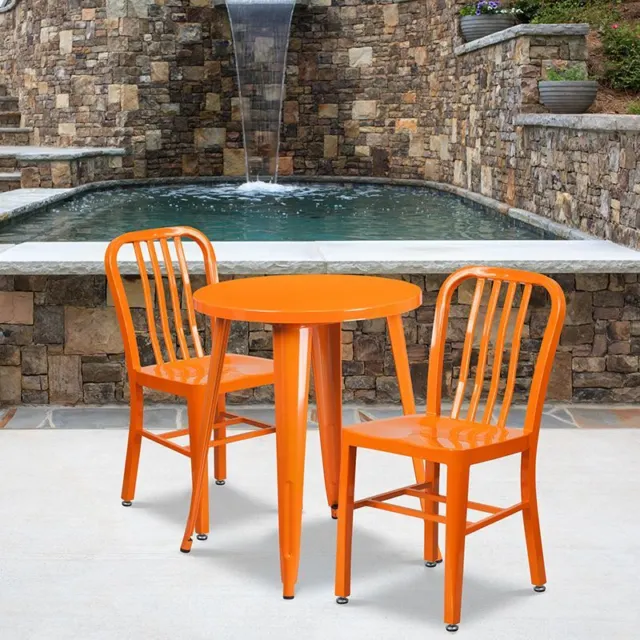 Commercial Grade 24" Round Orange Metal Indoor/Outdoor Table Set w/2 Vertical Sl