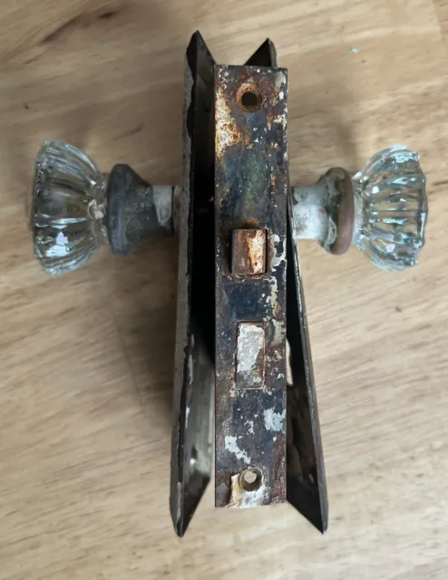 Antique Vintage Glass 12 Point Door Handle Knob Steel Plate Hardware Lock Hole