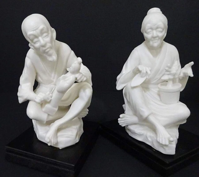 Antique Pair Bisque Porcelain Hand Carved Chinese Man & Woman Figurines