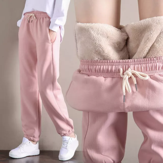 Women Winter Warm Sherpa Fleece Pants Fur Lined Elastic Thick Joggers Sweatpants