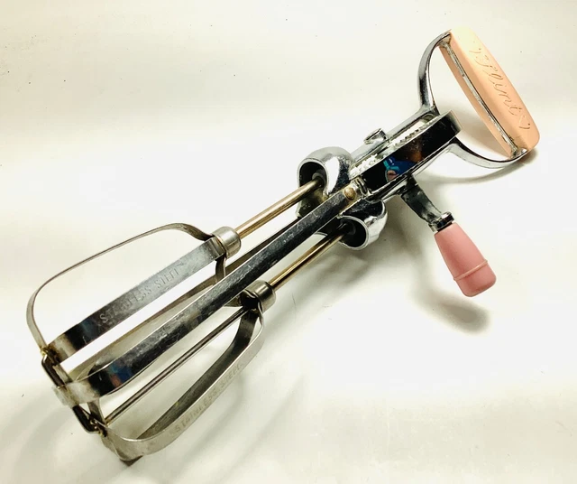 Vintage Flint Stainless Steel Hand Mixer Pink Handles Mid-Century Kitchen Gadget