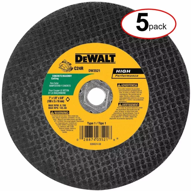 "Paquete de 5 hojas abrasivas de corte de hormigón/masonería Dewalt DW3521, 7""x1/8""x5/8""