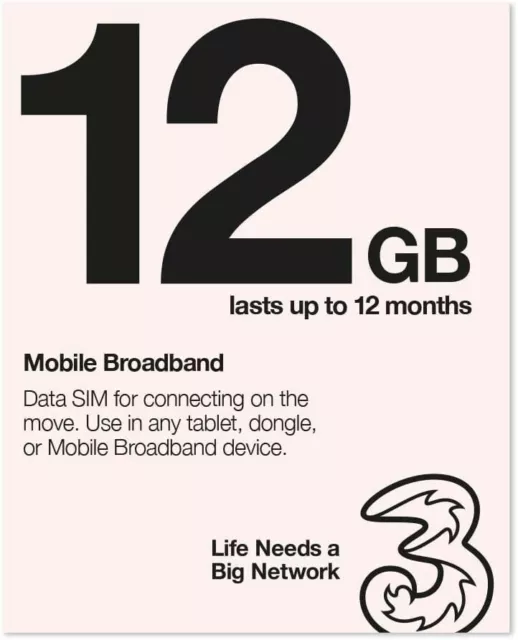 Three (3) Network 4G/3G SIM Ready-to-go Mobile Broadband 12GB Preloaded Data SIM