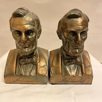 Vtg Pair Cast Iron Solid Brass Abraham Lincoln Bookends Statue Sculpture Bust
