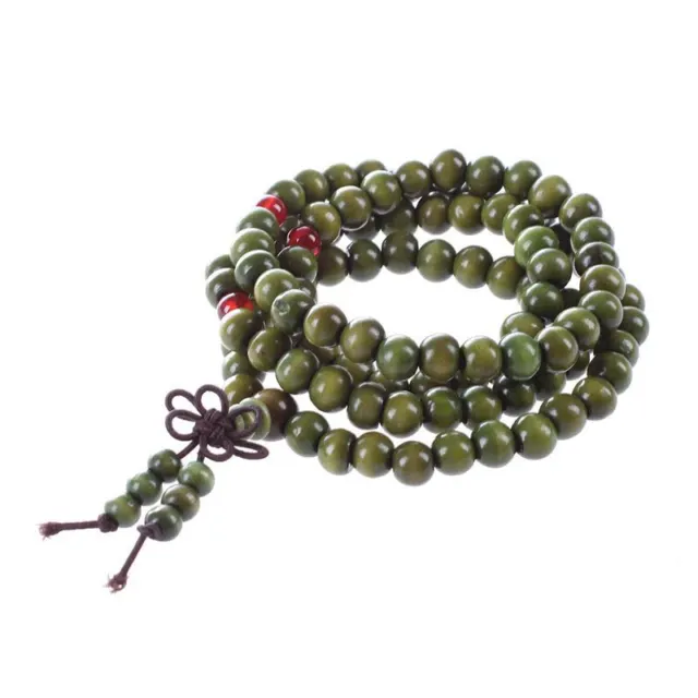 Olive Green Sandalwood Beads Buddha Buddhist Mala Stretch Necklace Rosary5696