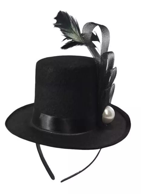 Black Mini Top Hat Fascinator On Headband Feather Pearl Stud Dancers Showgirl