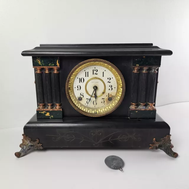 Antique Seth Thomas Adamantine Mantle Clock 6 Pillar Faux Marble Untested No Key