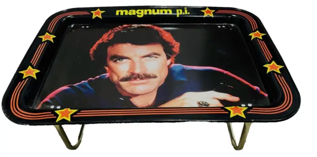 Vintage 1982 MAGNUM PI P.I. Collectible TV Bed Fun Tray Tom Selleck Metal Stand
