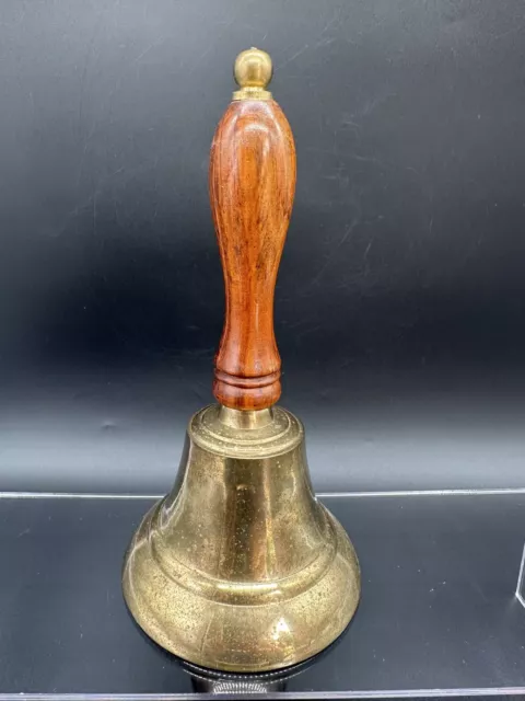 Vintage Solid Brass Bell With Wooden Handle School Bell Made In India 7.5” Tall