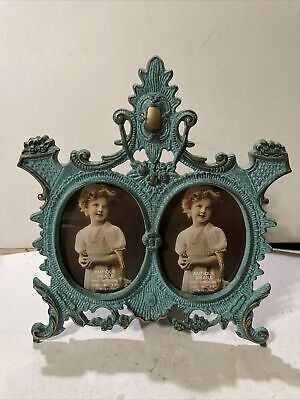 Vintage Solid Brass Double Oval Picture Frame W/Heavily Ornate Victorian Design
