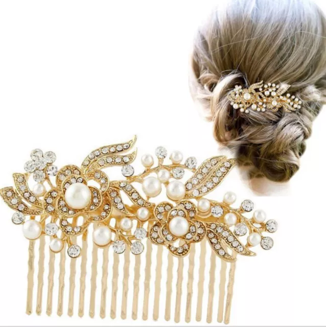 Wedding Bridal Pearl & Diamante Crystal Rhinestone Hair Comb Headpiece-Gold NEW