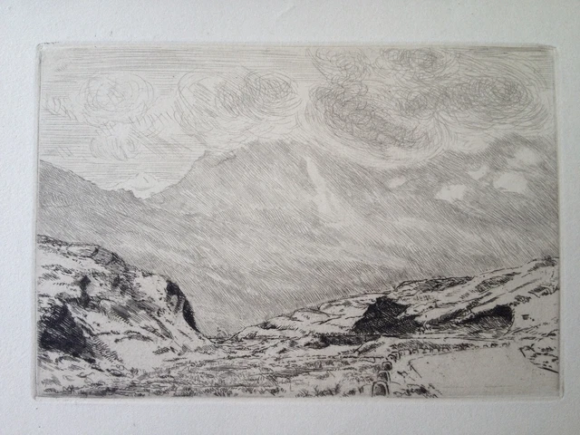 J F SCHNERB etching mountain engraving Swiss Alps le Col du Simplon