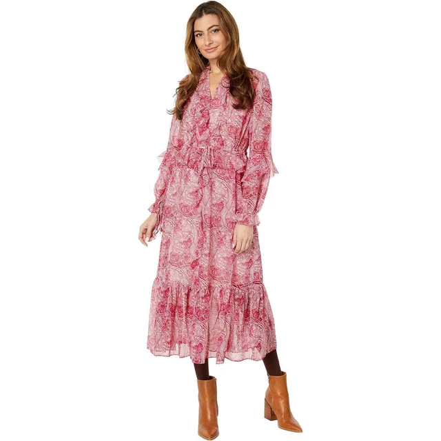 Ted Baker Alissia Dress Womens TB 2 Pink Midi Floral Ruffle Keyhole Peasant Boho