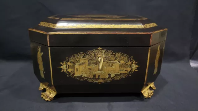 Antique Chinese Gilt Painted Export Lacquer Tea Caddy Pewter Containers