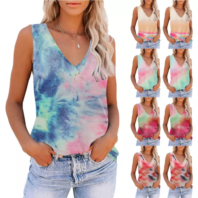 Womens Tie Dye Print Baggy Sleeveless Tank Tops Vest Ladies Summer Blouse Tops