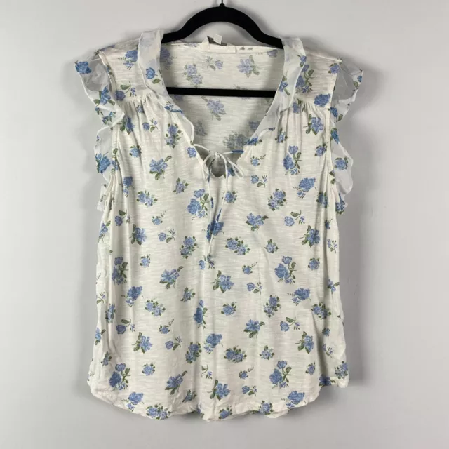 Lucky Brand V-Neck Blouse Womens XL Knit Woven White Blue Floral Flutter Sleeve