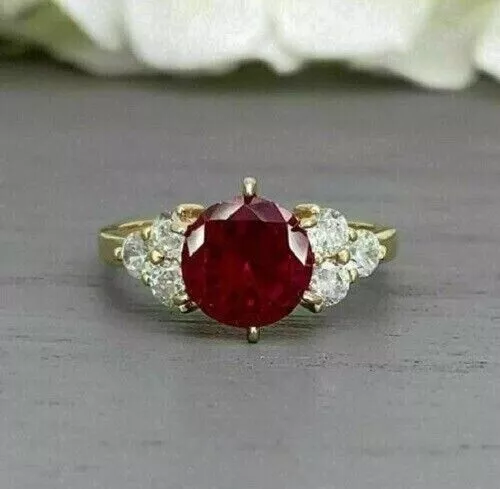Birthday Gift Women's Ring 3 CT Round Natural Red Ruby & Diamond 14k Yellow Gold