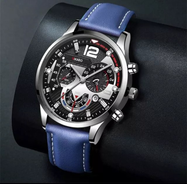 Men's Luxury Water Resistant Watch with Leather Strap Navy Blue Silver Quartz UK