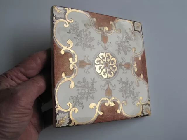 Antique Victorian Lea & Boulton Floral Print & Gilt Tile C1896-1902 Patt.450 2