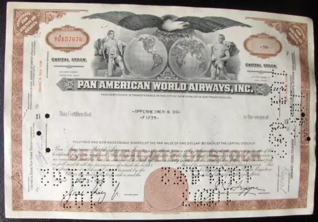Pan American World Airways stock certificate Payee Oppenheimer & Co, 1962